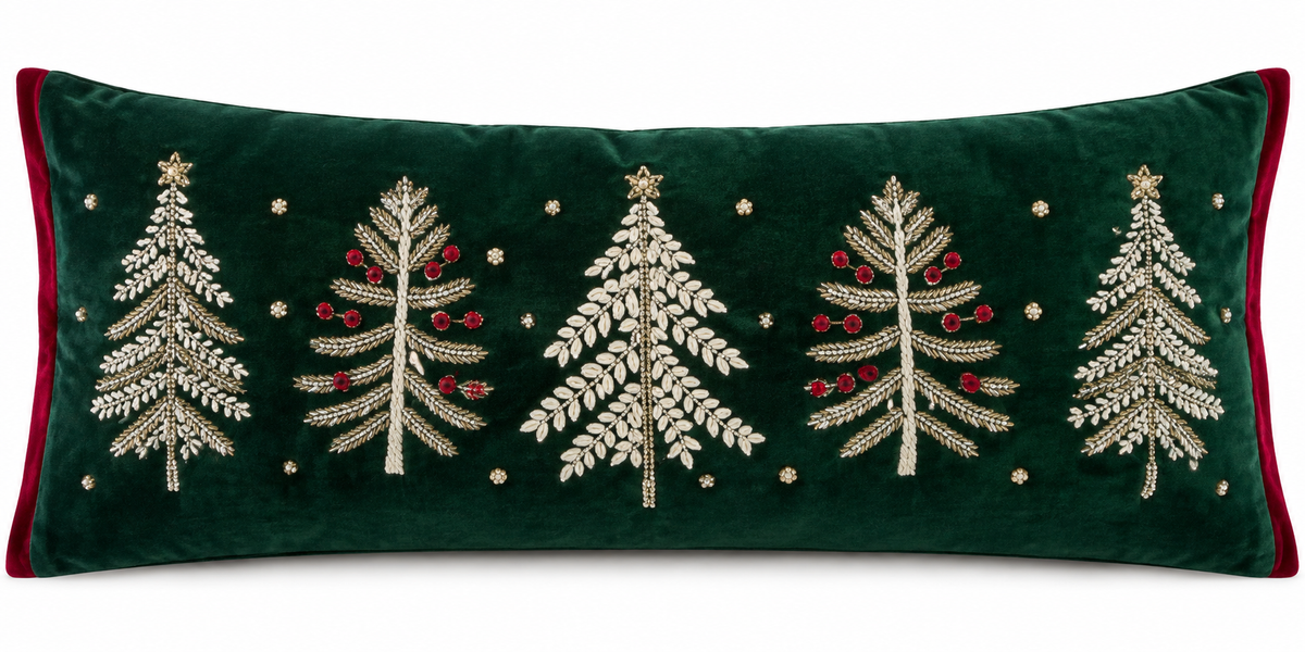 Evergreen Embroidered Christmas Pillow – Large