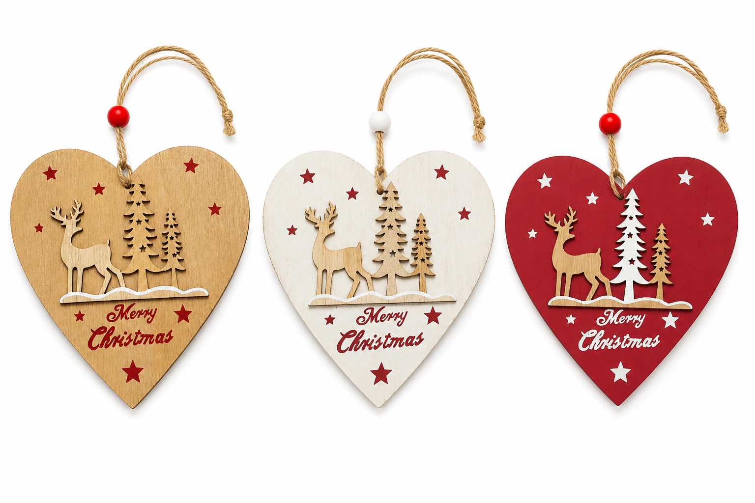 Ornament - White Wood Heart S/ of 3
