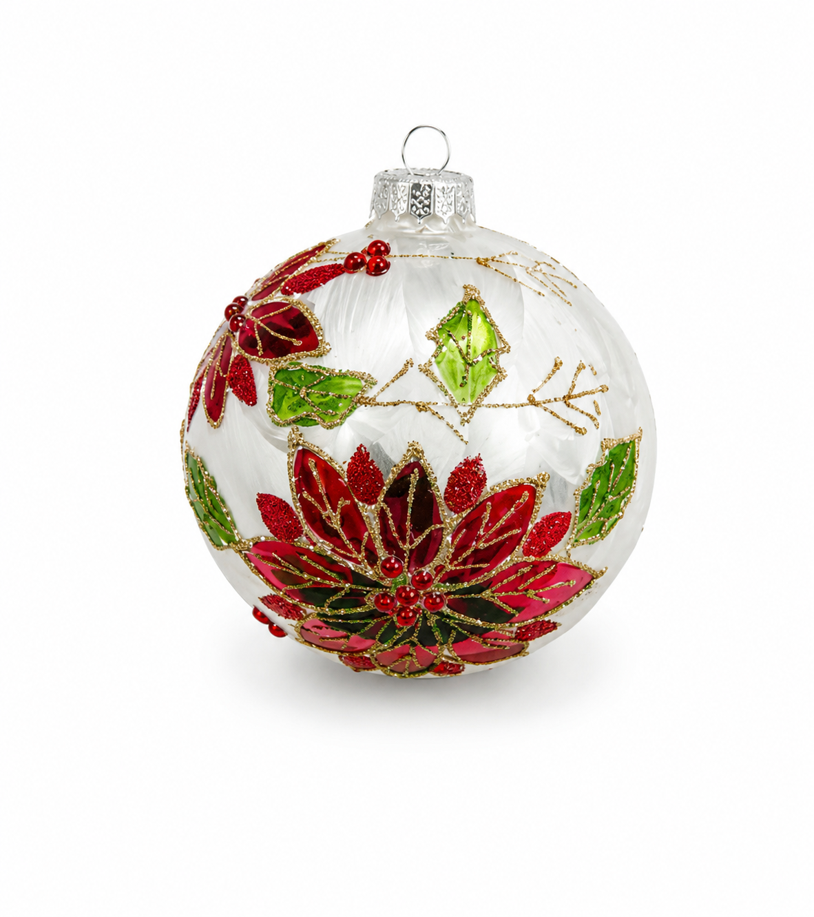 Ornament - Cristal Ball - White w Poinsettia