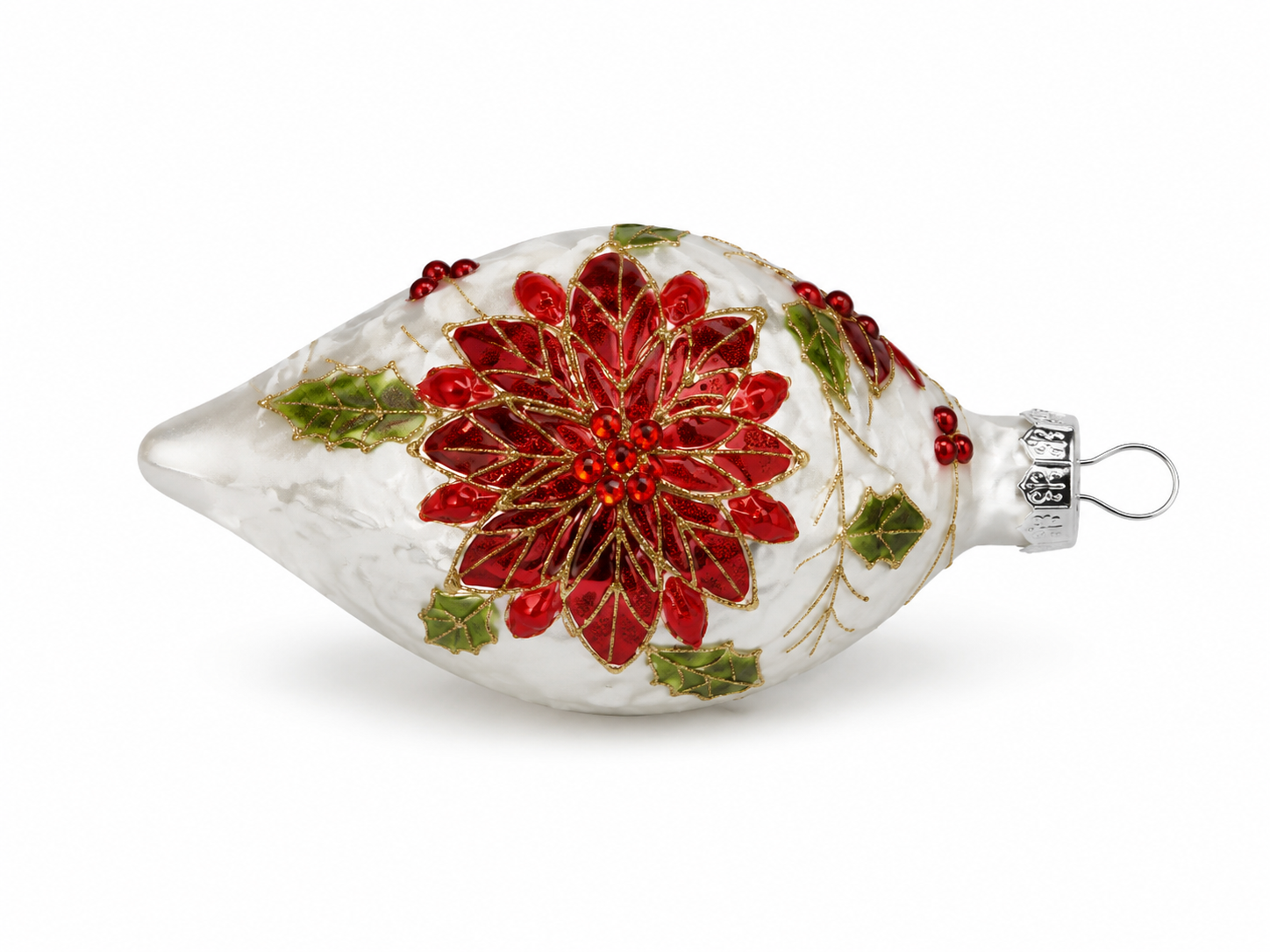Ornament - Cristal Ball - White w Poinsettia