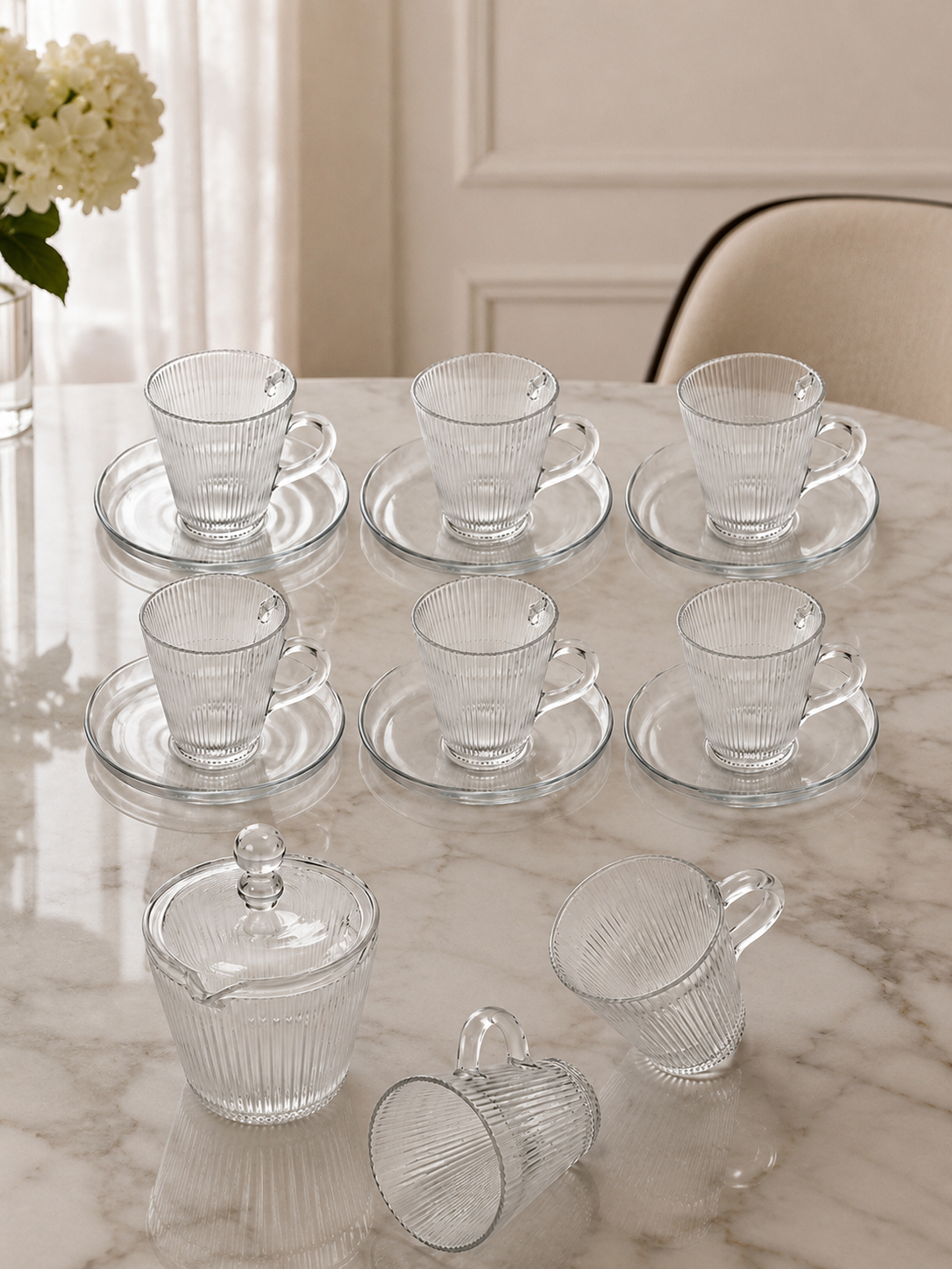 Set Aurora Cristal- Juego de 6 Tazas con Platos y Azucarera de Vidrio Acanalado