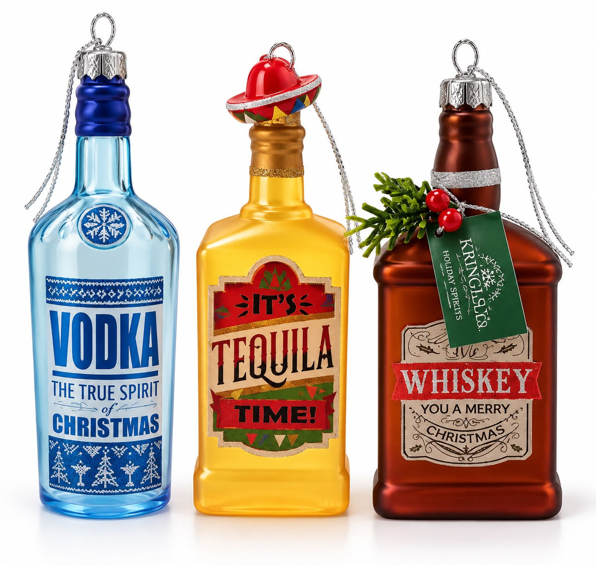 Set de Tres Botellas Navideñas. Vodka, Tequila y Whiskey