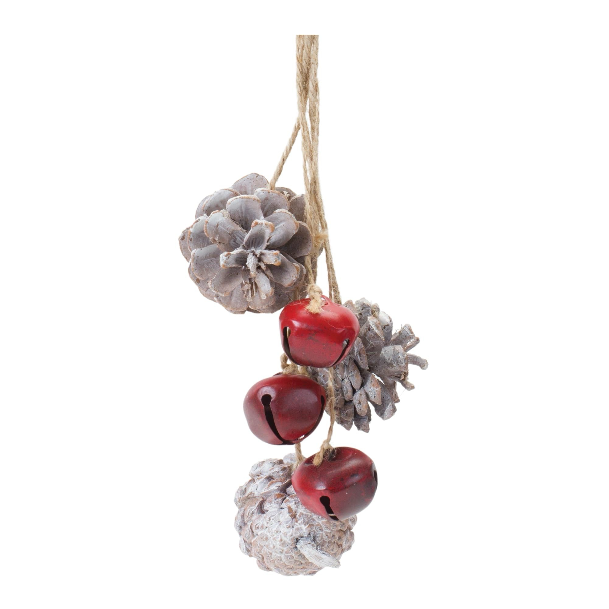 Ornamento de piñas y cascabeles rojos