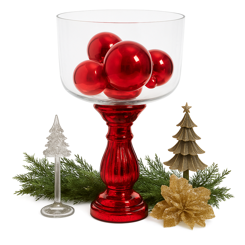 Copa decorativa de vidrio con base roja