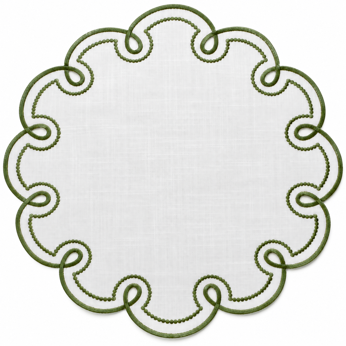 White & Green Scalloped Linen Placemat