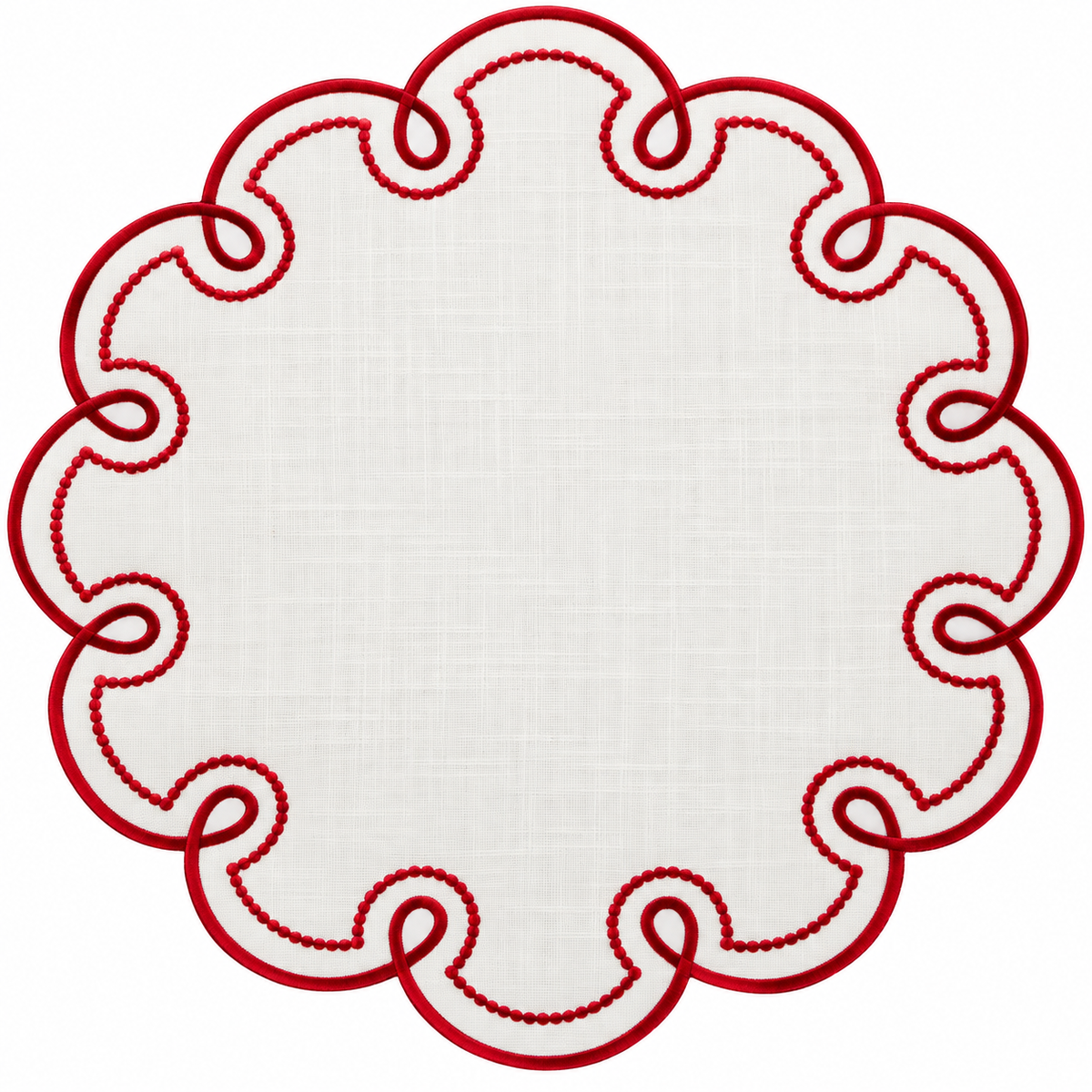 White & Red Scalloped Linen Placemat