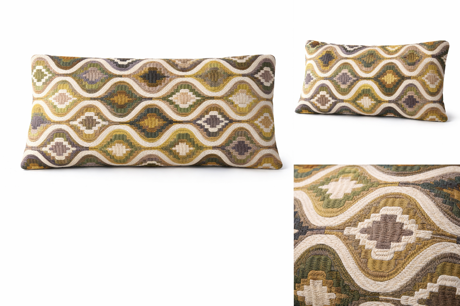 Cojín lumbar 14”×24” con diseño geométrico en tonos verdes y neutros, elegante y moderno.