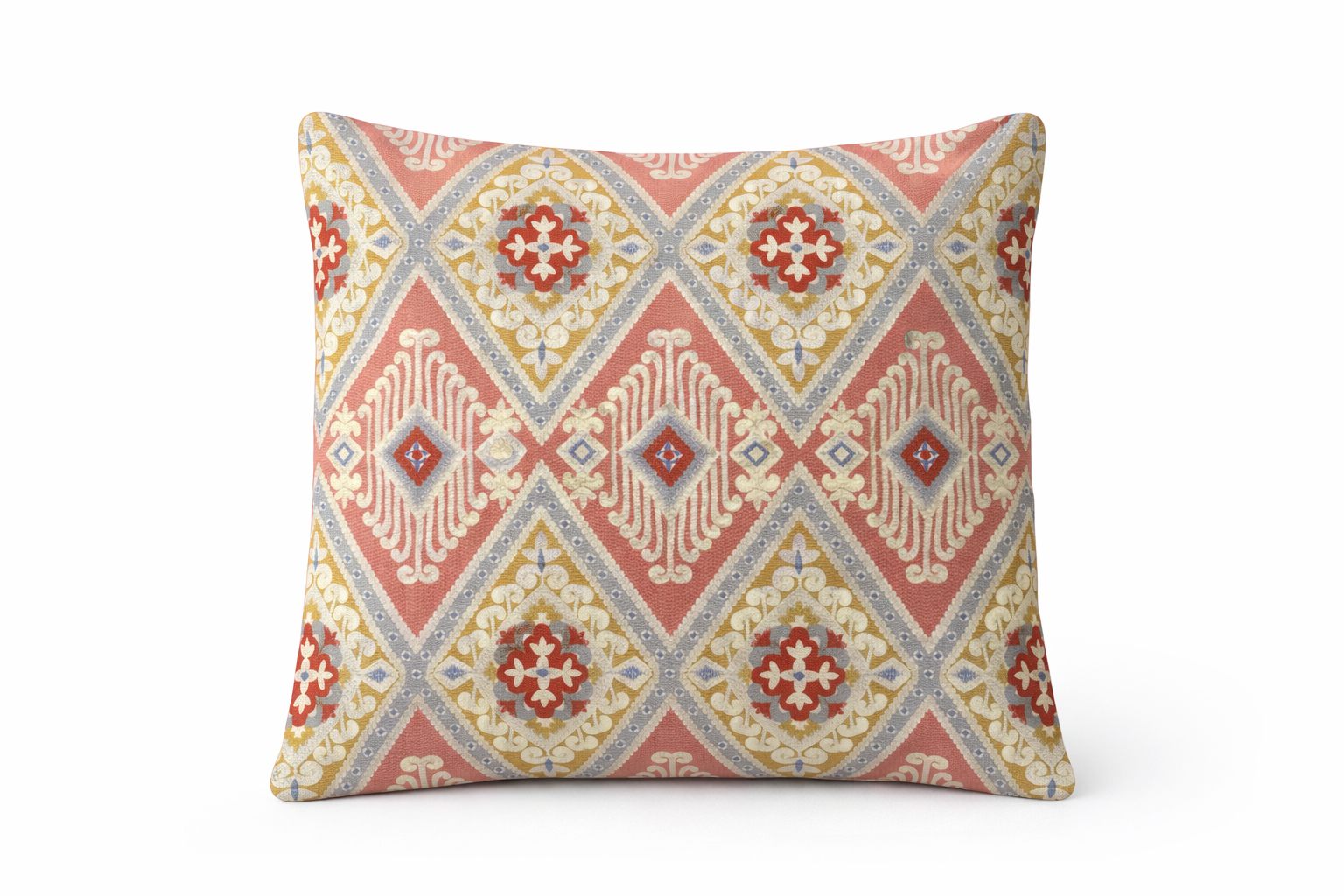 Cojín Decorativo Bordado Geométrico Clásico – Tonos Terracota & Verde (20” × 20”)