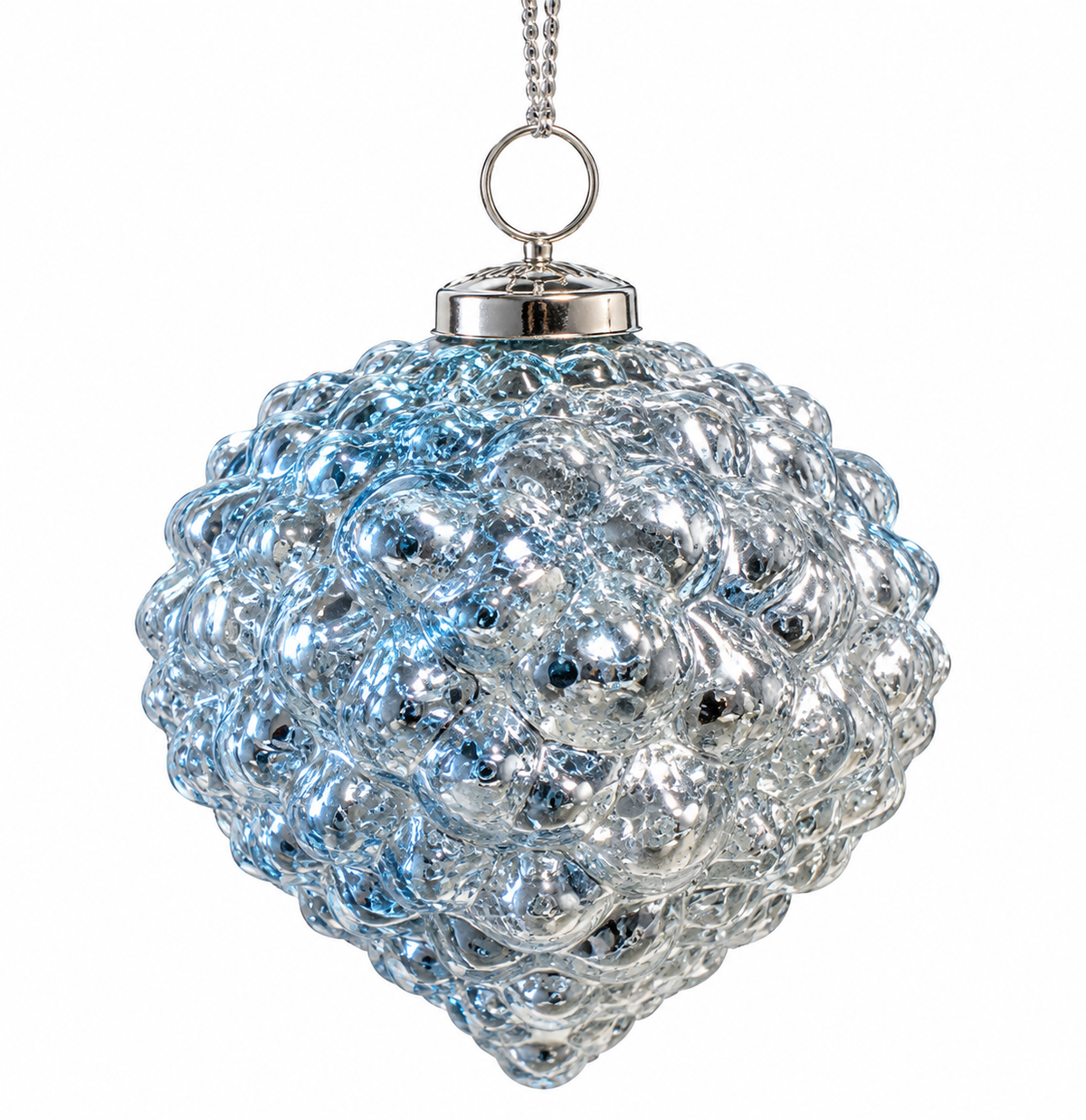 Icy Blue Textured Glass Ornament | Adorno Navideño Azul Hielo y Plata