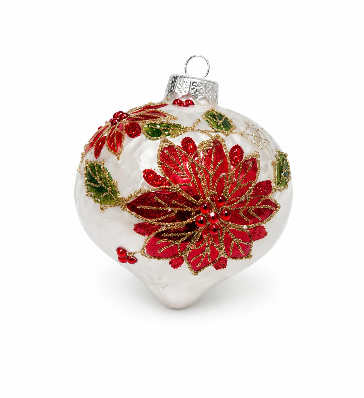 Ornament - Cristal Ball - White w Poinsettia