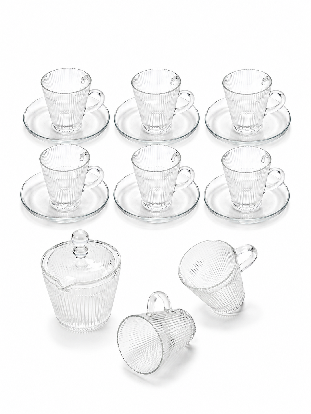Set Aurora Cristal- Juego de 6 Tazas con Platos y Azucarera de Vidrio Acanalado