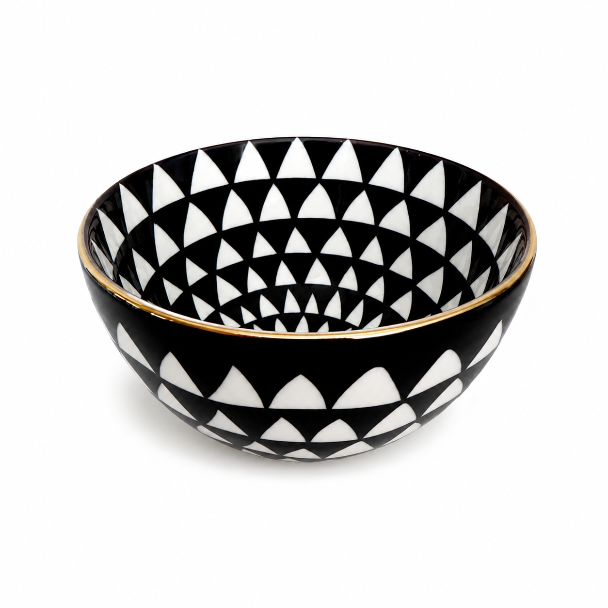5” Round Stoneware Bowl, Black Pattern w/ Gold Rim
