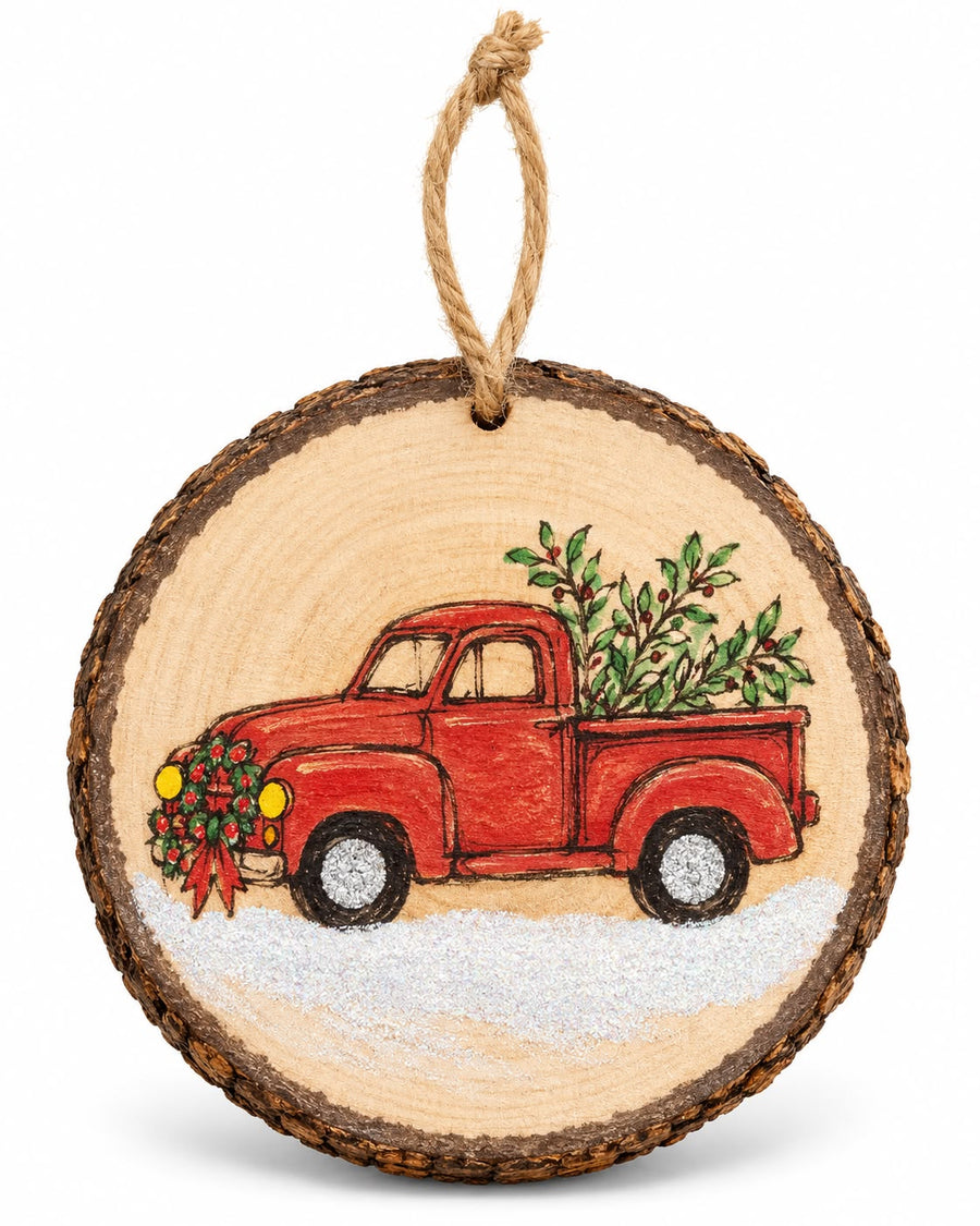 Adorno Navideño de Madera con Guagua Roja | Rustic Christmas Bus Ornament