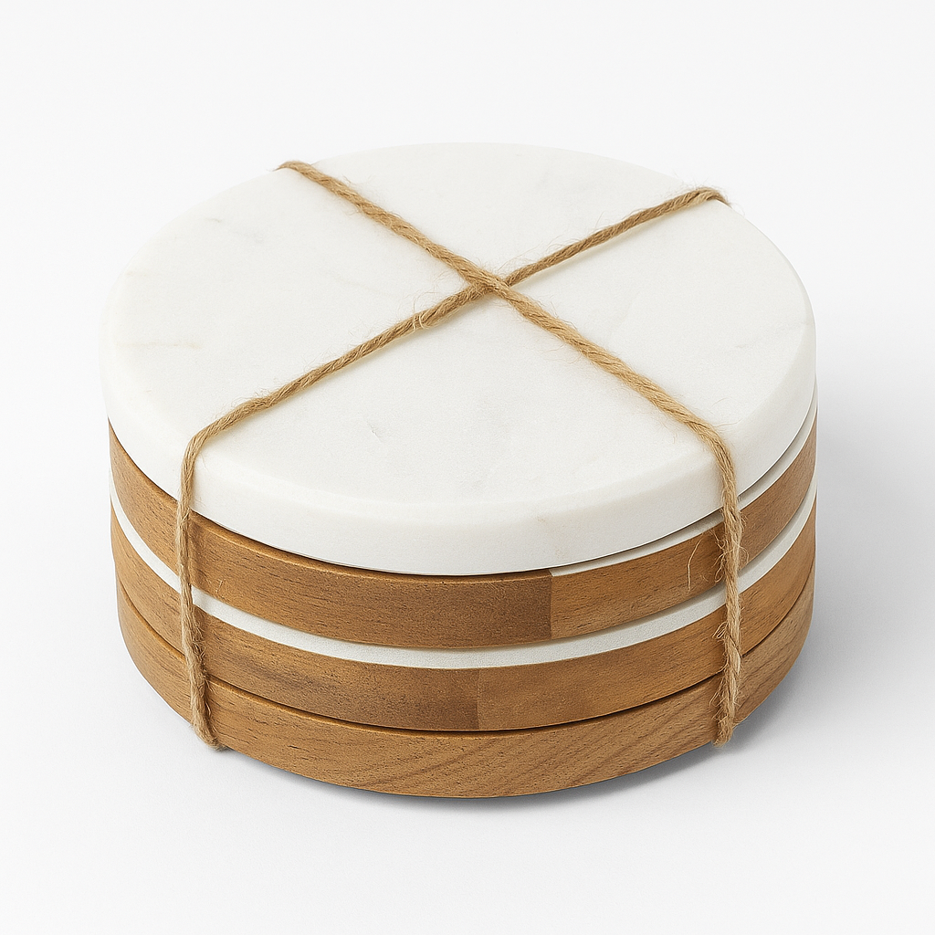 Set Portavasos mármol blanco y madera