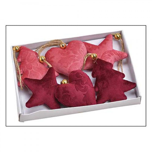 Set de 6 Adornos Navideños de Tela | Corazones, Estrellas y Árboles