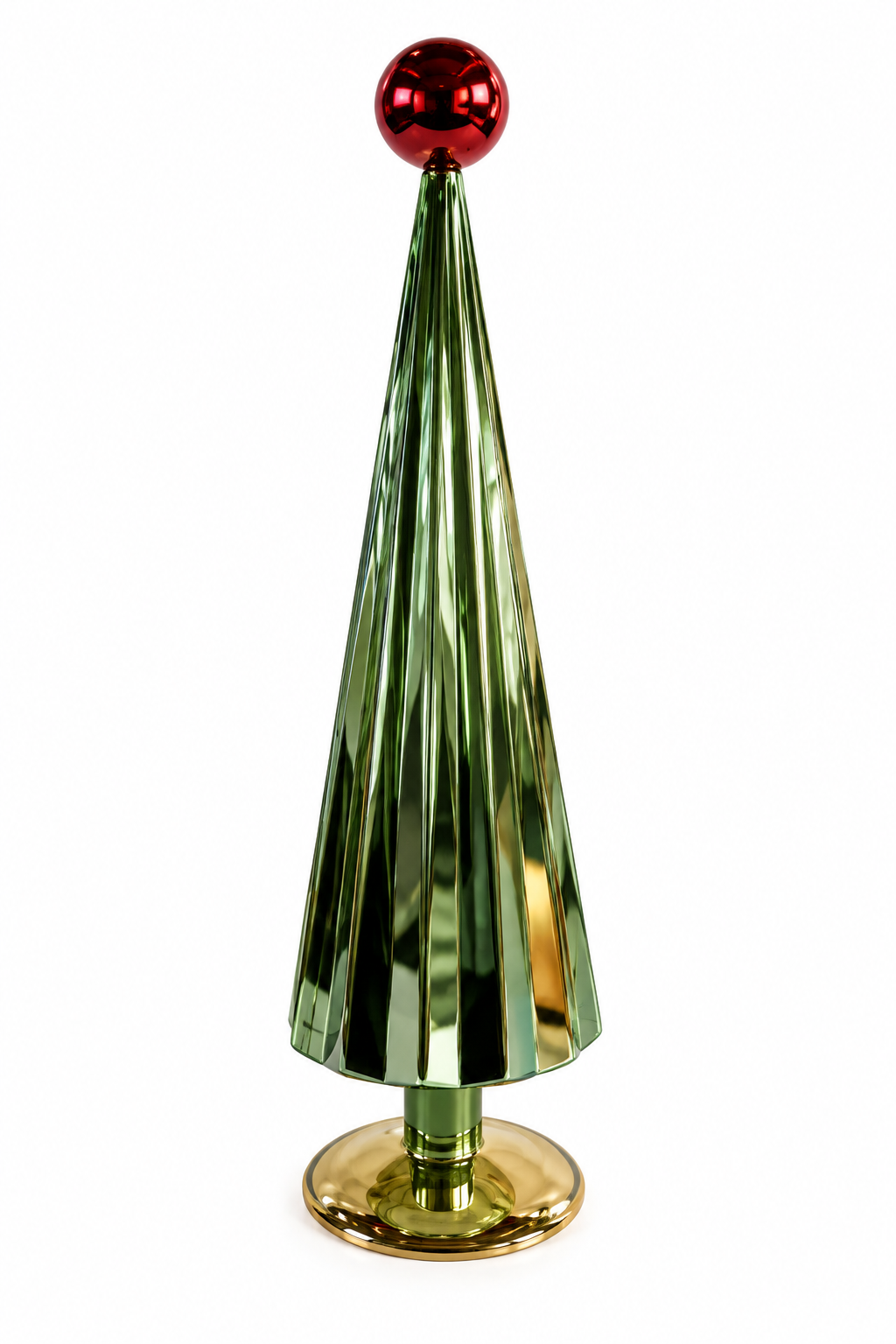 Árbol Navideño de Cristal Verde con Esfera Roja – 15.5"