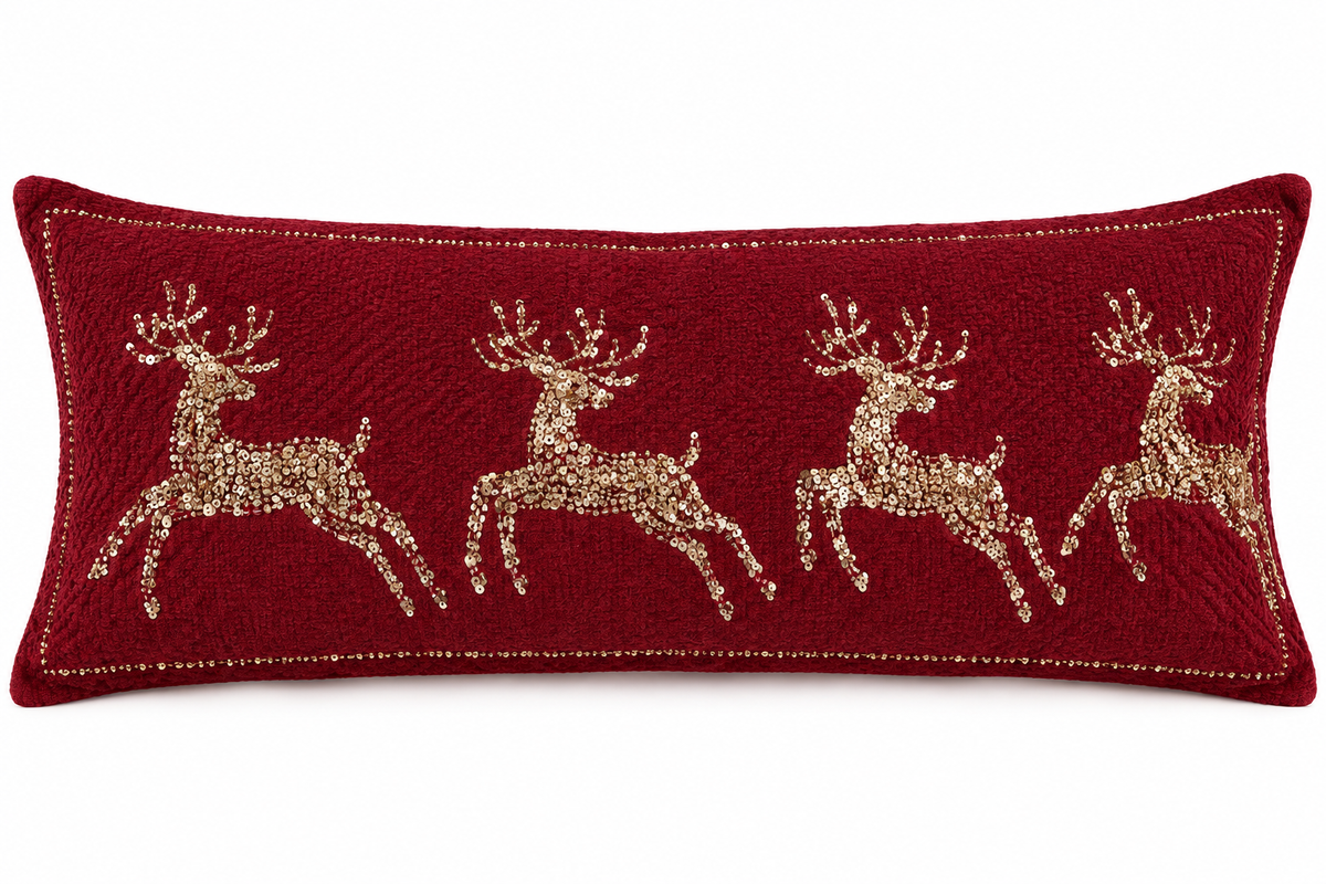 Golden Reindeer Burgundy Lumbar Pillow – Large