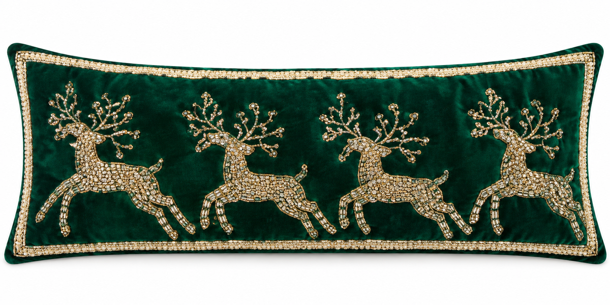 Emerald Reindeer Velvet Pillow – Large
