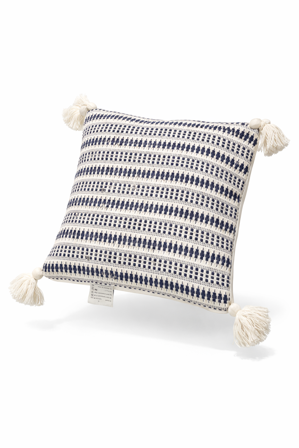 Cojín Decorativo Textil con Borlas – Azul & Natural (20” x 20”)