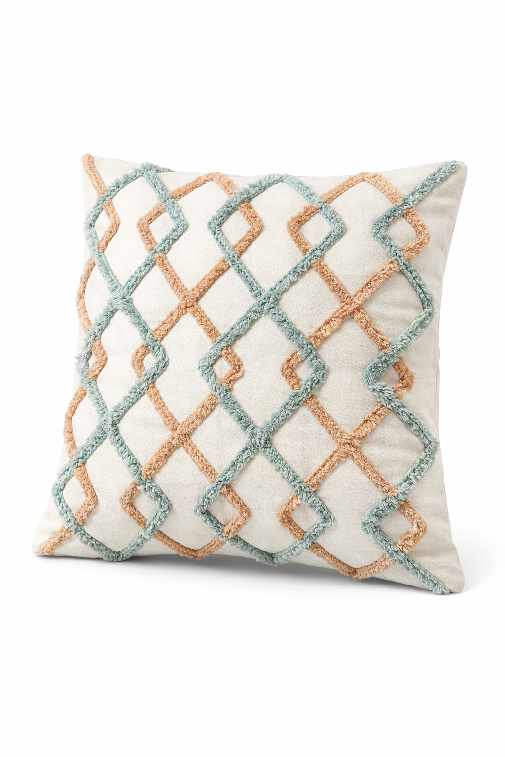 Cojín Decorativo Bordado Geométrico – Tonos Naturales & Verde (45 cm x 45 cm)