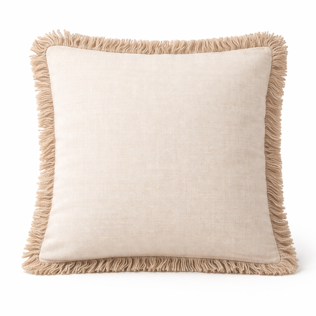 Cojín Decorativo con Flecos – Tono Natural (20” x 20”)