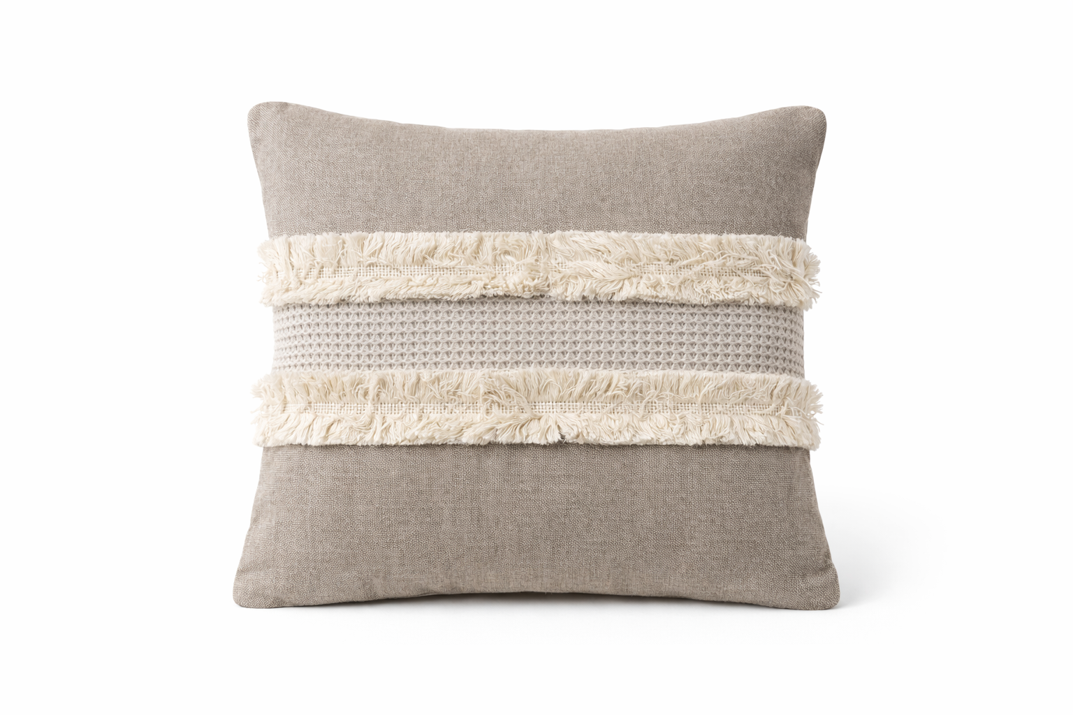 Cojín Decorativo Texturizado con Flecos – Tono Taupe (45 × 45 cm)