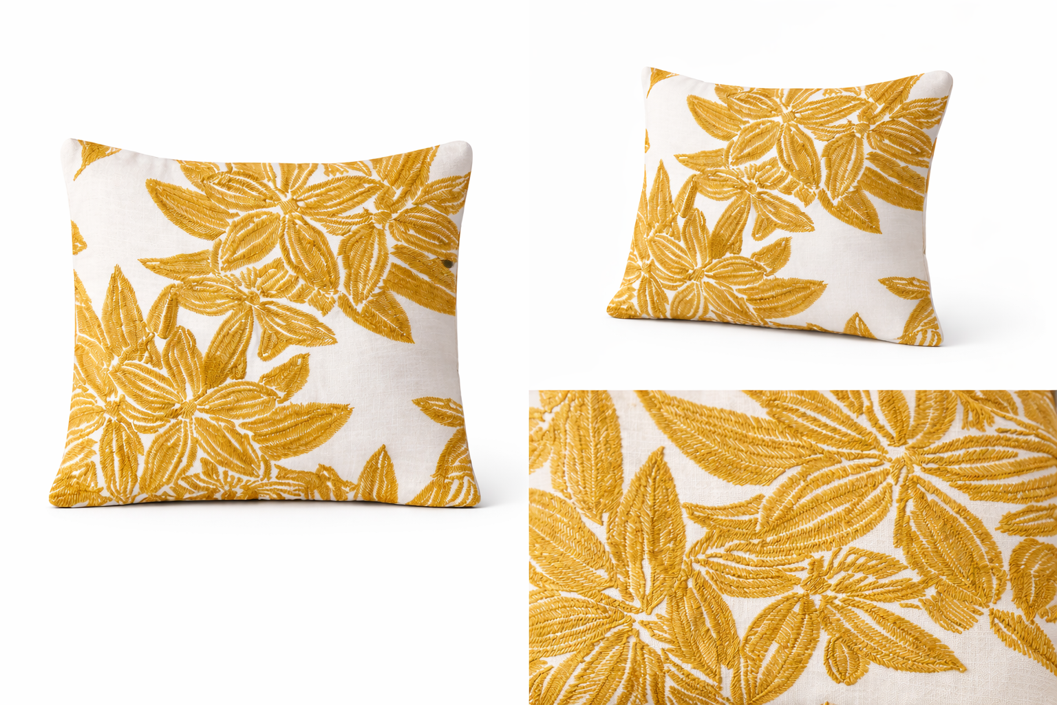 Cojín decorativo 20”x20” con bordado de hojas tropicales en tono mostaza, fresco y elegante.